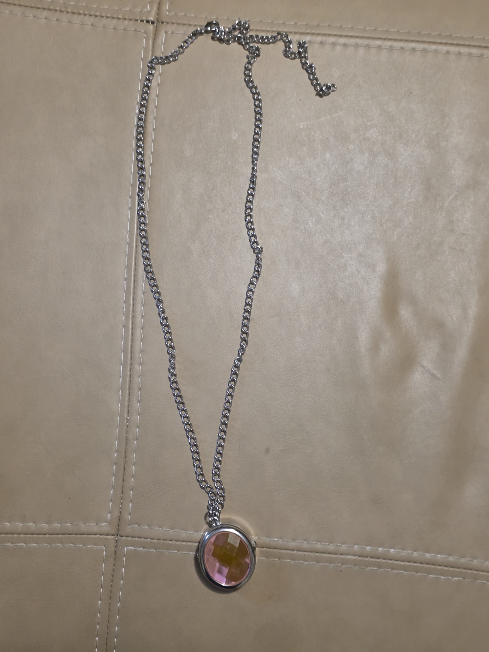 Avenue Silver-Tone Necklace with Pink Faceted Pendant